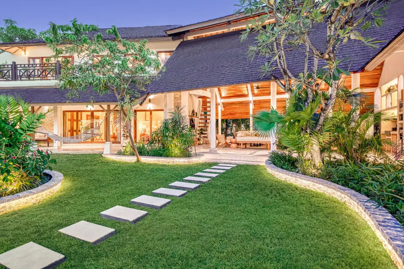 Villa exterior at dusk